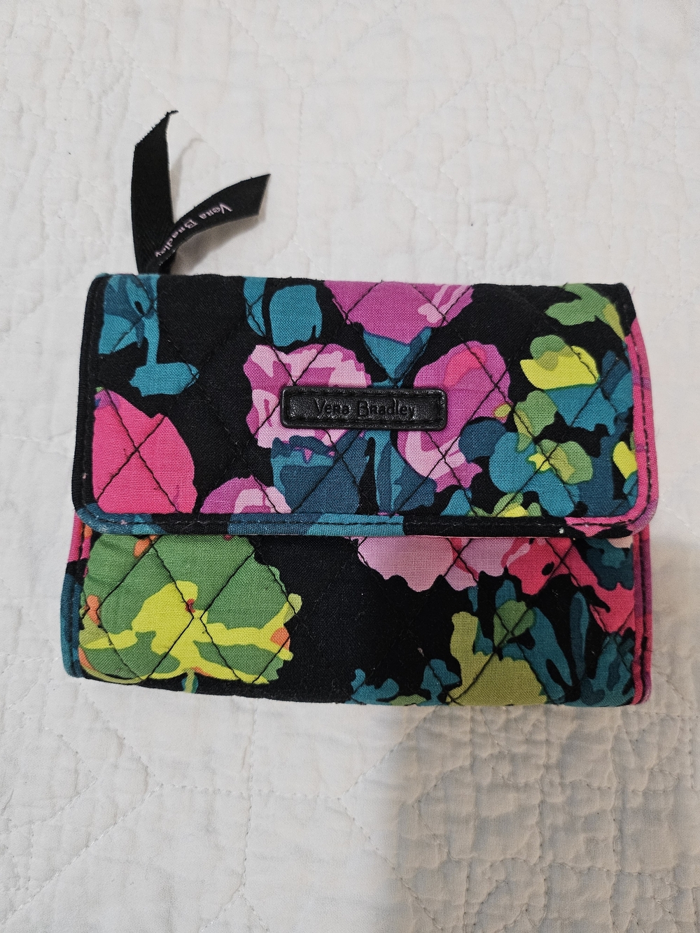 Vera Bradley Quilted Floral Wallet - Black with Pink, Teal & Lime